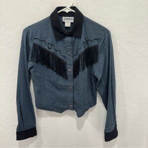 Vintage Banjo Western Shirt Womens Small Blue Black Checkered Fringe Cropped